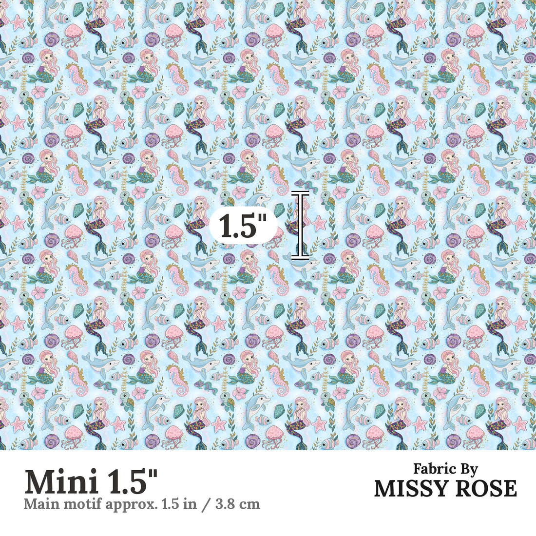 Design 588 Mermaid Dolphin Fabric Mini 1.5" - print scale | Fabric by Missy Rose