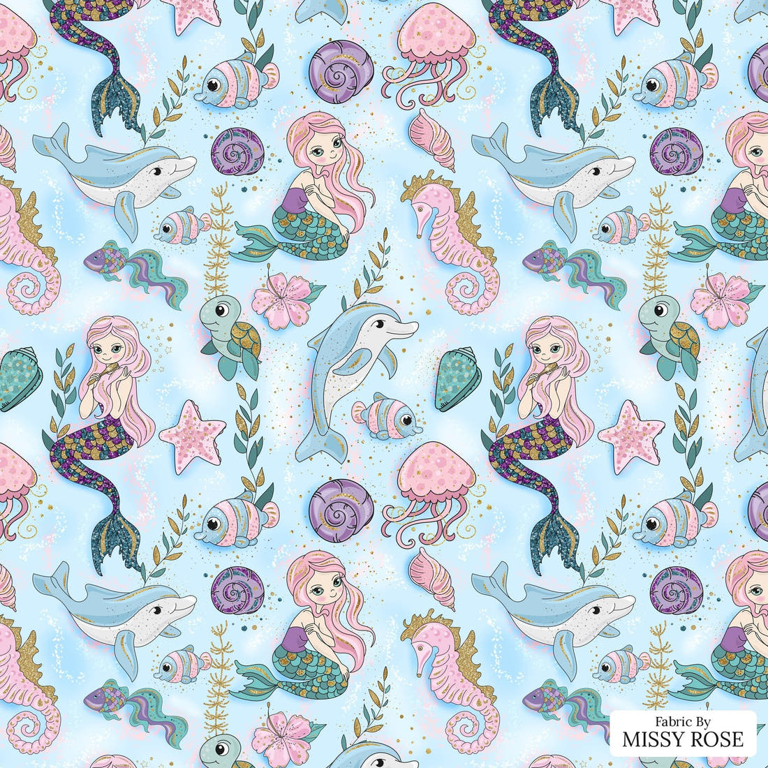 Design 588 Mermaid Dolphin Fabric - flat view of the print, zoom in for detail | Fabric by Missy Rose