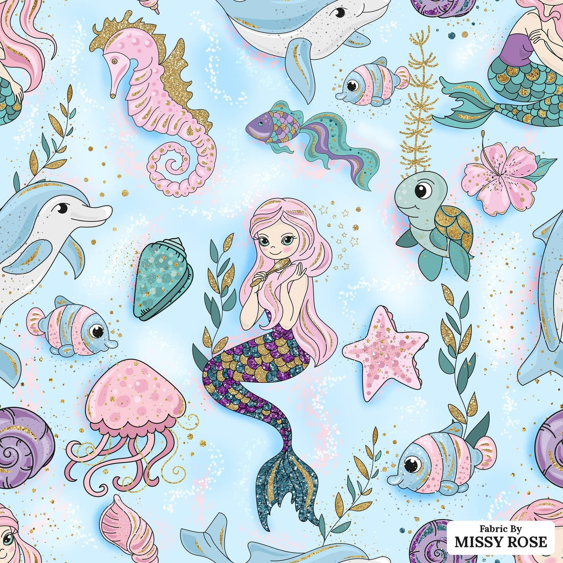 Design 588 Mermaid Dolphin Fabric - flat view of the print, zoom in for detail | Fabric by Missy Rose