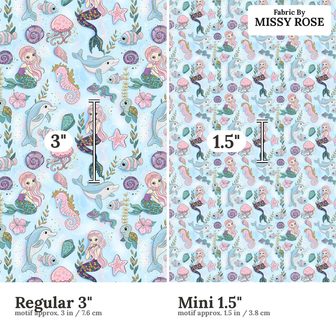 Design 588 Mermaid Dolphin Fabric size comparison - print scale | Fabric by Missy Rose
