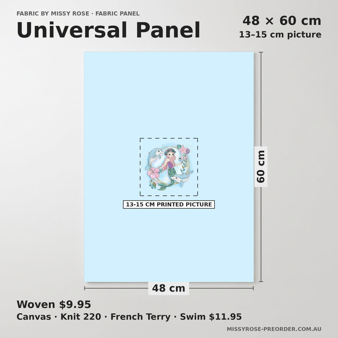 Design 588 Mermaid Dolphin Panel universal panel sizing – 13–15 cm printed picture on 48 × 60 cm fabric | Fabric by Missy Rose