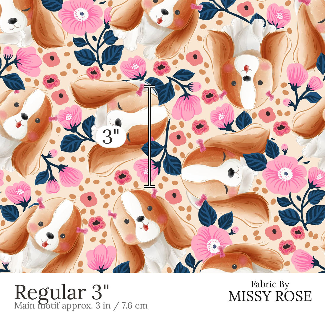 Design 589 Cute Floral Dog Fabric Regular 3 inch print scale guide | Fabric by Missy Rose