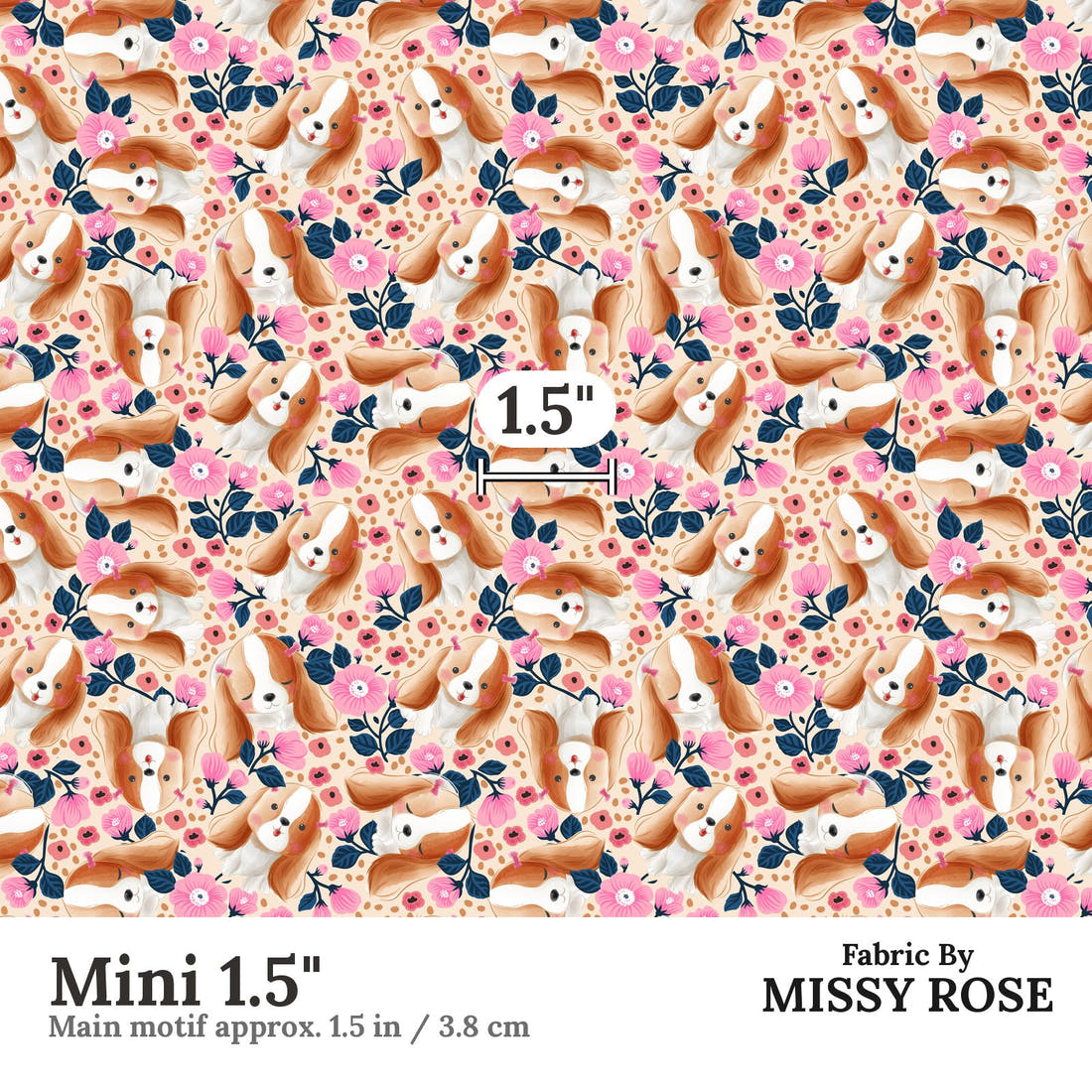 Design 589 Cute Floral Dog Fabric Mini 1.5" - print scale | Fabric by Missy Rose