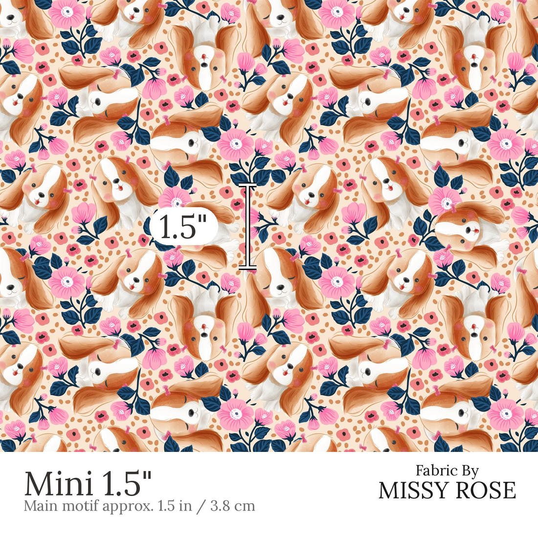 Design 589 Cute Floral Dog Fabric Mini 1.5 inch print scale guide | Fabric by Missy Rose