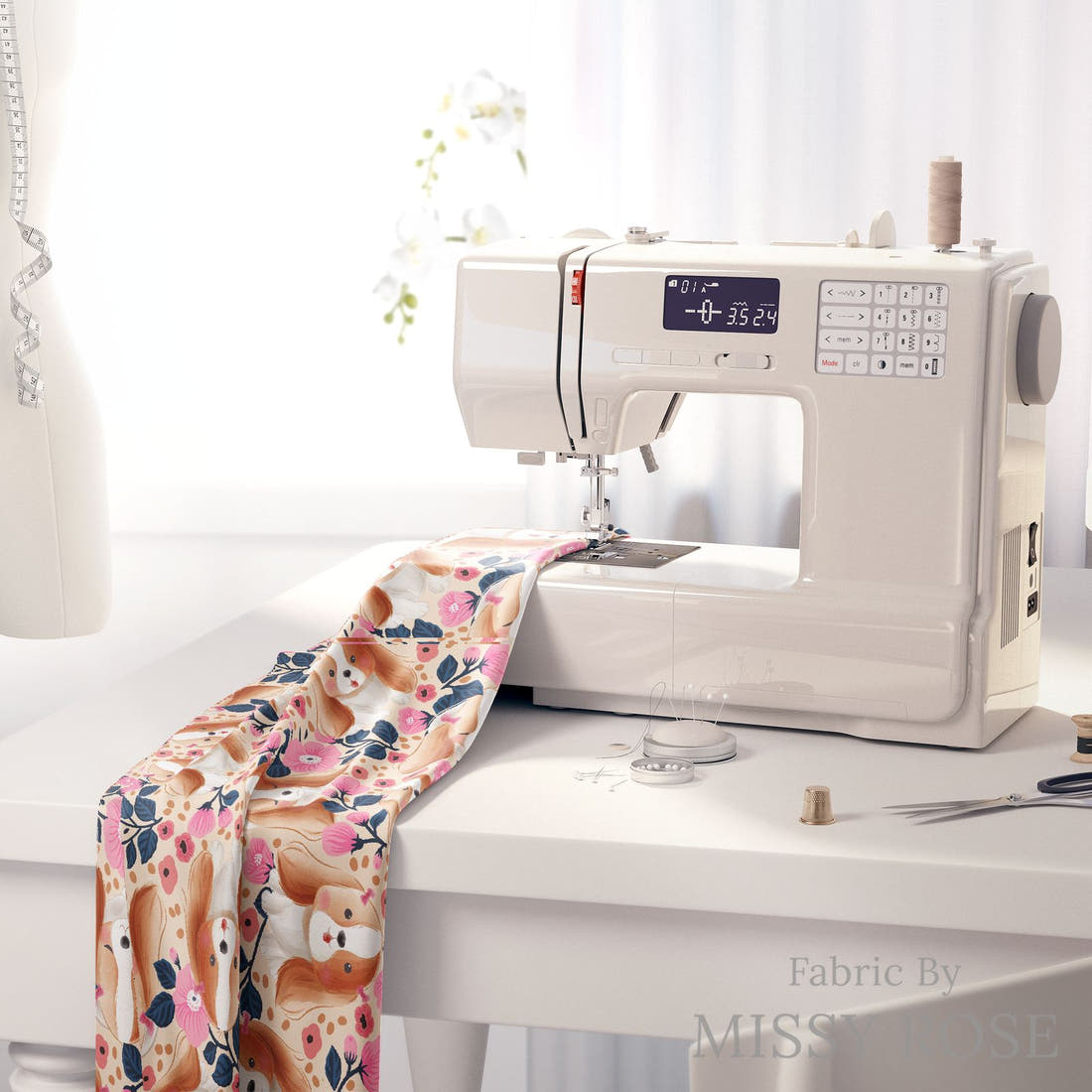 Design 589 Cute Floral Dog Fabric on a sewing machine – premium fabric for sewing projects | Fabric by Missy Rose