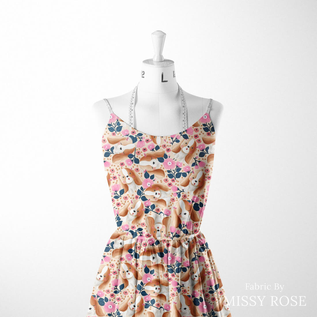 Design 589 Cute Floral Dog Fabric sewn into a women's dress – see how the print looks made up | Fabric by Missy Rose