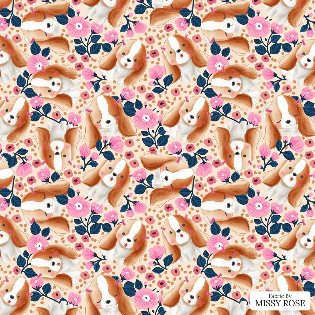 Design 589 Cute Floral Dog Fabric - flat view of the print, zoom in for detail | Fabric by Missy Rose