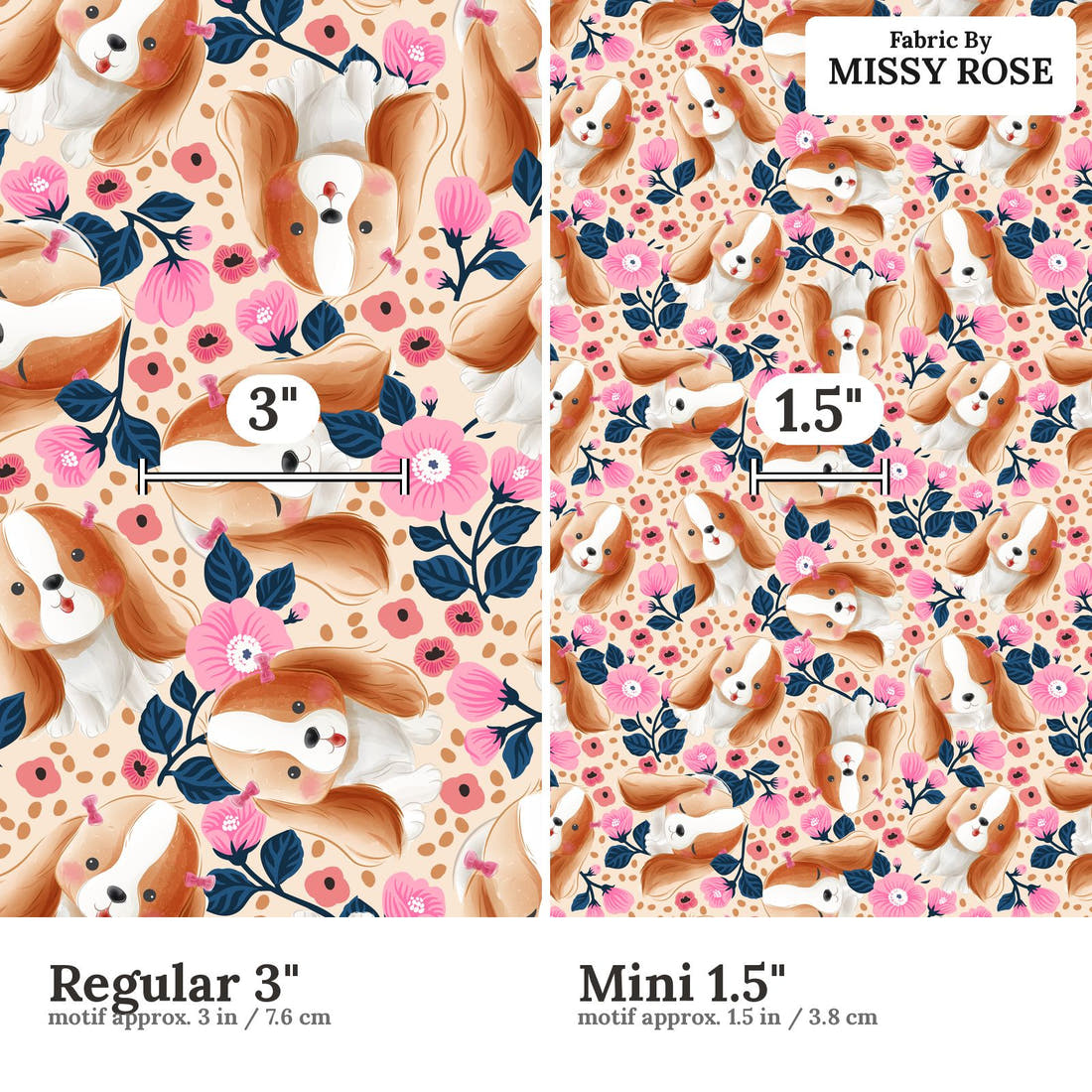 Design 589 Cute Floral Dog Fabric size comparison - print scale | Fabric by Missy Rose