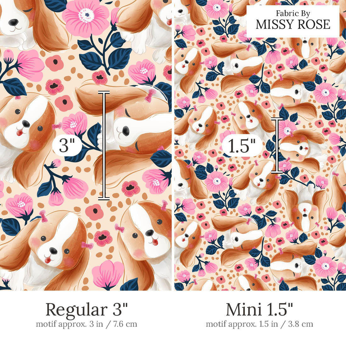 Design 589 Cute Floral Dog Fabric Regular 3 inch vs Mini 1.5 inch print scale side by side | Fabric by Missy Rose