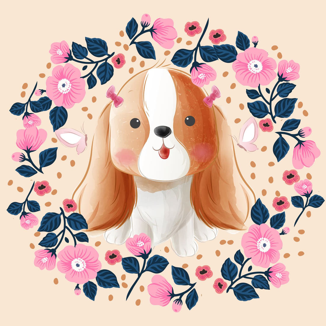 Design 589 Cute Floral Dog Panel – full artwork close-up of the printed picture | Fabric by Missy Rose