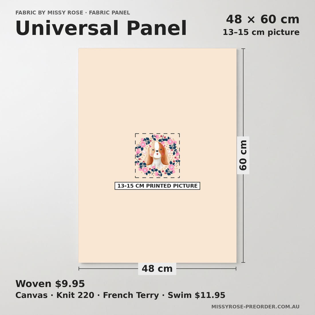 Design 589 Cute Floral Dog Panel universal panel sizing – 13–15 cm printed picture on 48 × 60 cm fabric | Fabric by Missy Rose