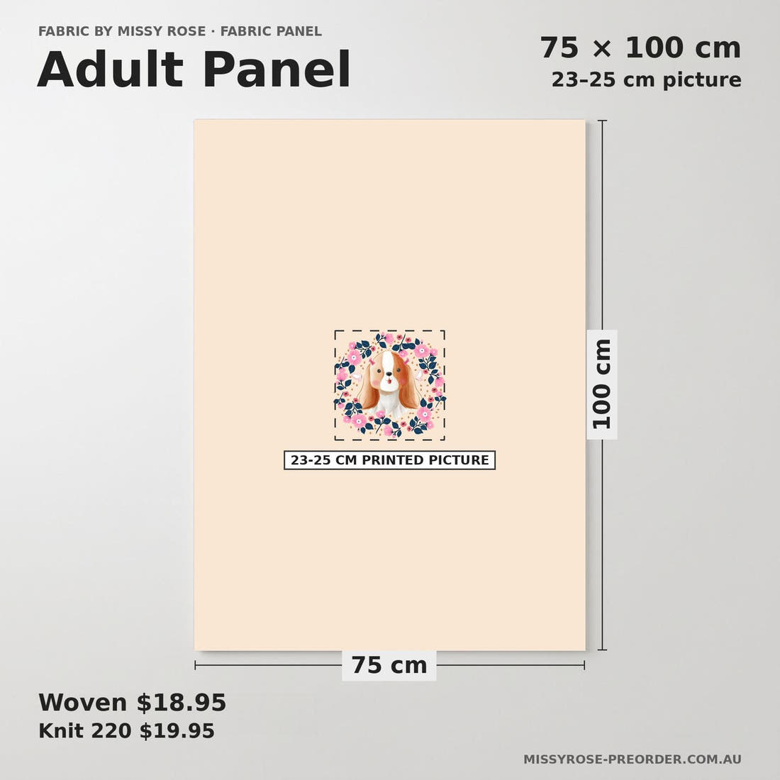 Design 589 Cute Floral Dog Panel adult panel sizing – 23–25 cm printed picture on 75 × 100 cm fabric | Fabric by Missy Rose