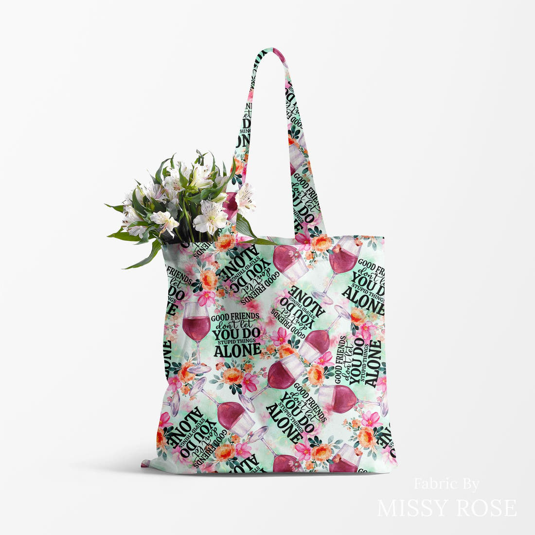 Design 59 Good Friend Fabric made up as a tote bag – see how the print looks made up | Fabric by Missy Rose