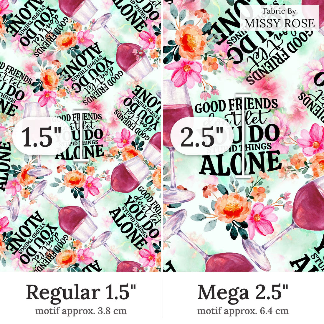 Design 59 Good Friend Fabric Regular 1.5 inch vs Mega 2.5 inch print scale side by side | Fabric by Missy Rose