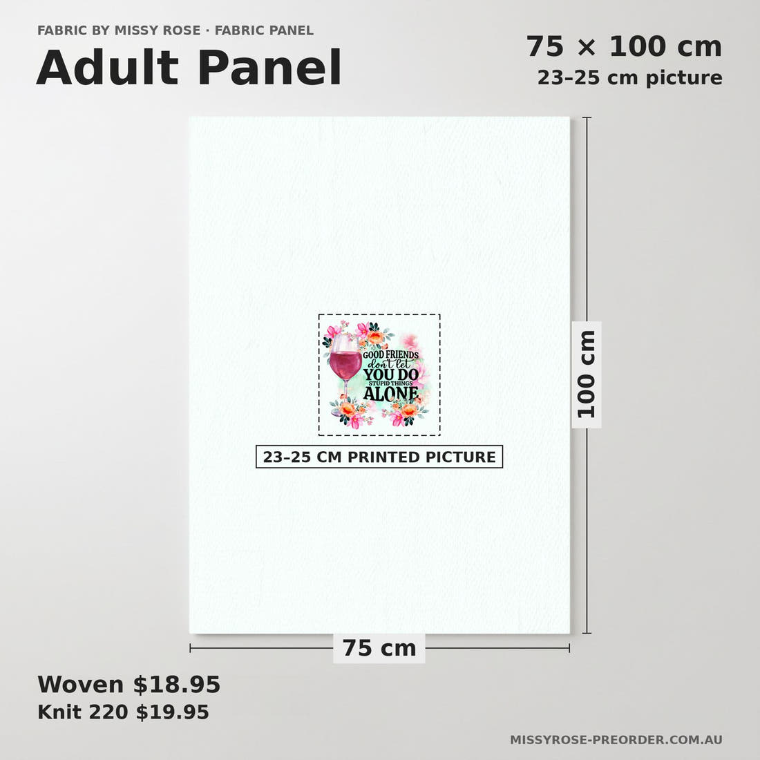 Design 59 Good Friend Panel adult panel sizing – 23–25 cm printed picture on 75 × 100 cm fabric | Fabric by Missy Rose