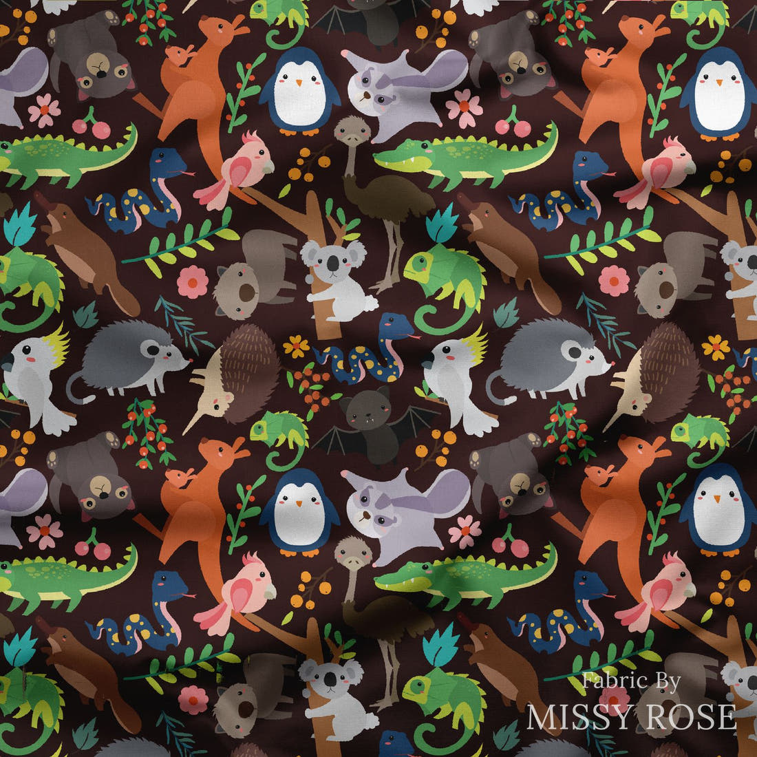 Design 590 Brown Australian Animals Fabric draped fabric mockup – custom printed fabric by the metre | Fabric by Missy Rose