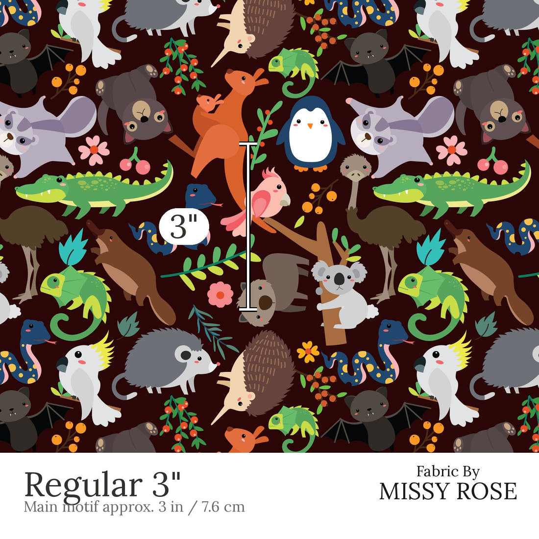 Design 590 Brown Australian Animals Fabric Regular 3 inch print scale guide | Fabric by Missy Rose