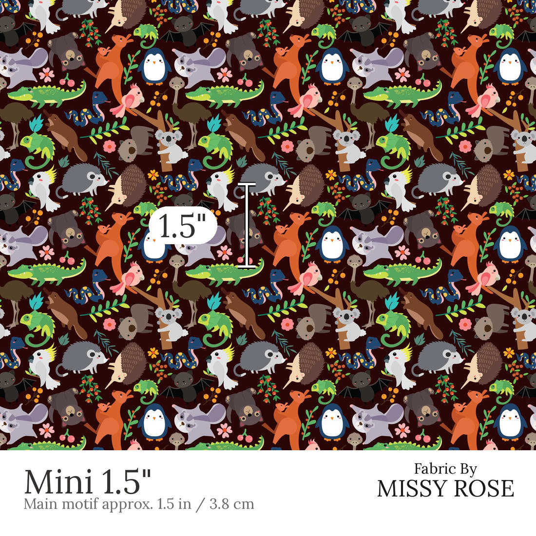 Design 590 Brown Australian Animals Fabric Mini 1.5 inch print scale guide | Fabric by Missy Rose