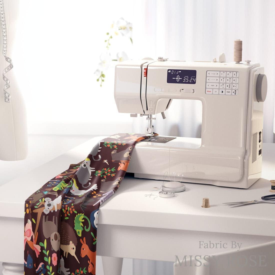 Design 590 Brown Australian Animals Fabric on a sewing machine – premium fabric for sewing projects | Fabric by Missy Rose