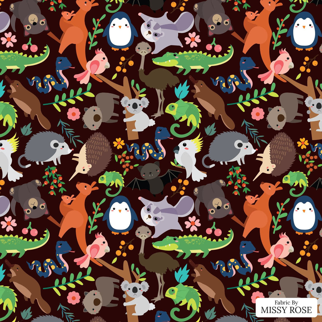 Design 590 Brown Australian Animals Fabric - flat view of the print, zoom in for detail | Fabric by Missy Rose