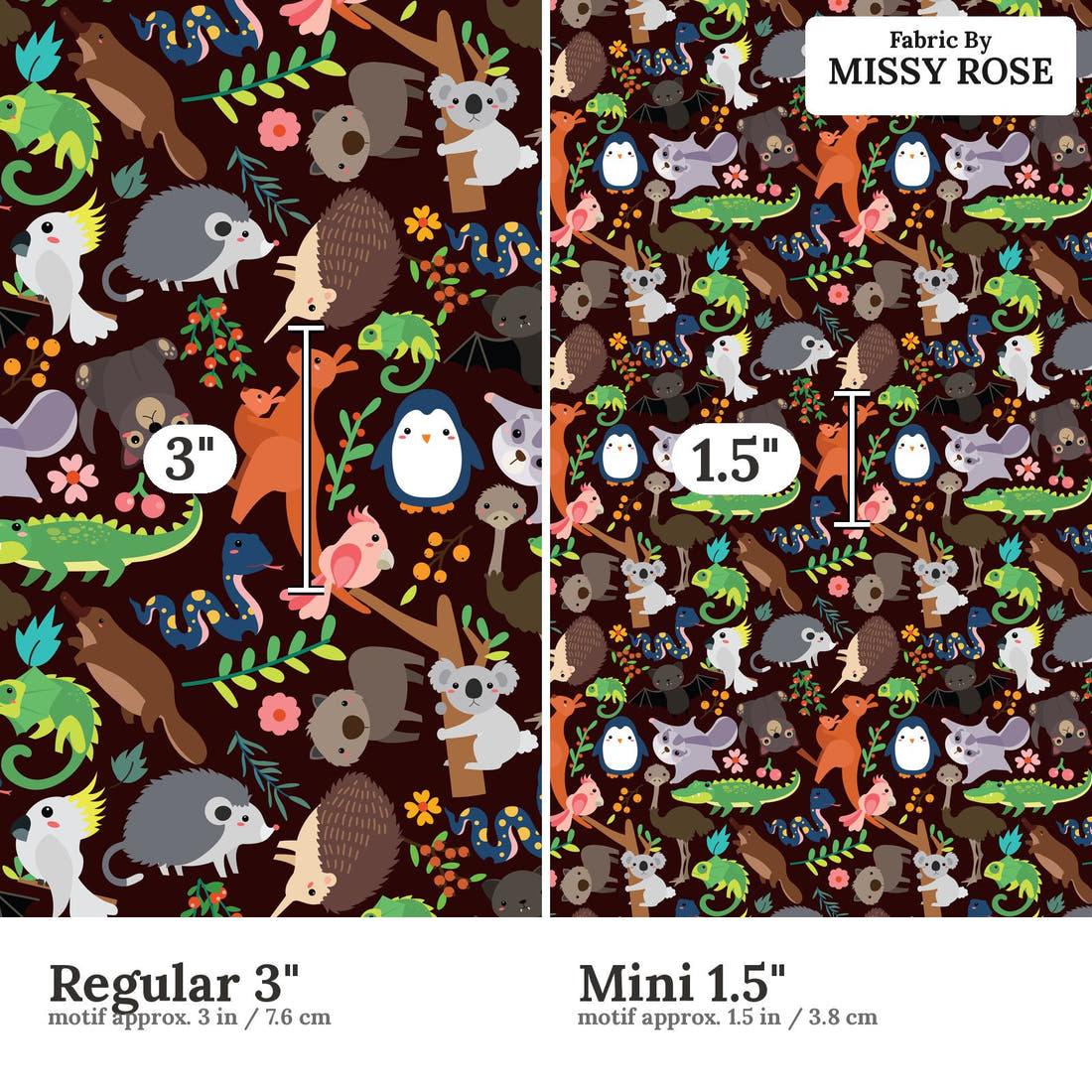 Design 590 Brown Australian Animals Fabric size comparison - print scale | Fabric by Missy Rose