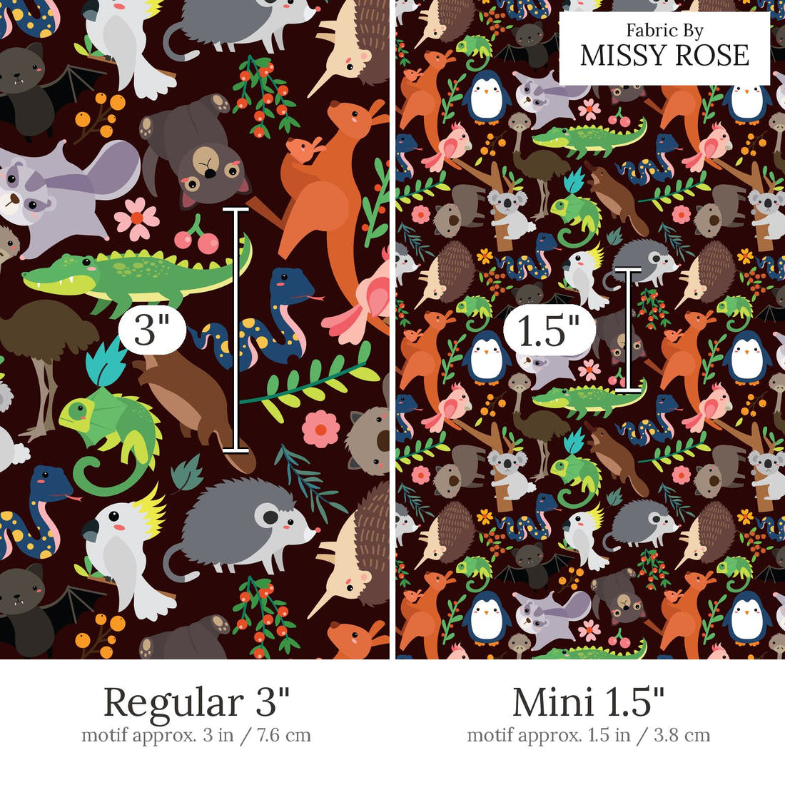 Design 590 Brown Australian Animals Fabric Regular 3 inch vs Mini 1.5 inch print scale side by side | Fabric by Missy Rose