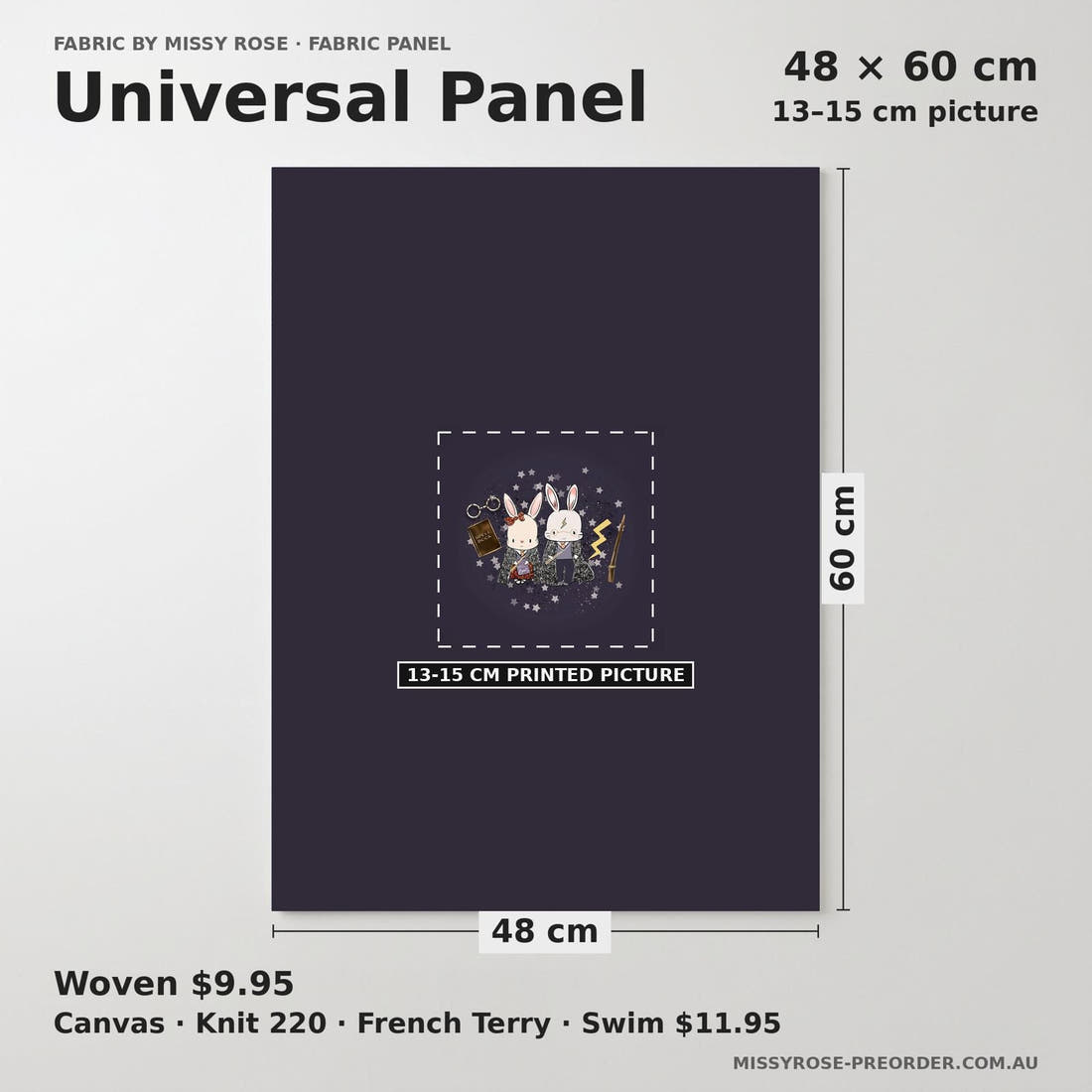 Design 591 Wizard Bunny Panel universal panel sizing – 13–15 cm printed picture on 48 × 60 cm fabric | Fabric by Missy Rose