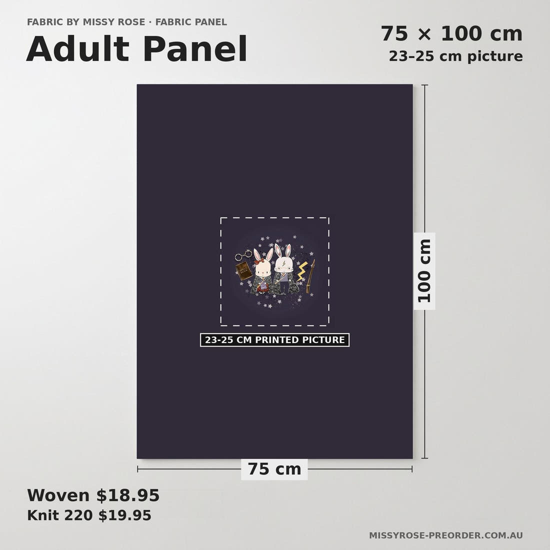 Design 591 Wizard Bunny Panel adult panel sizing – 23–25 cm printed picture on 75 × 100 cm fabric | Fabric by Missy Rose
