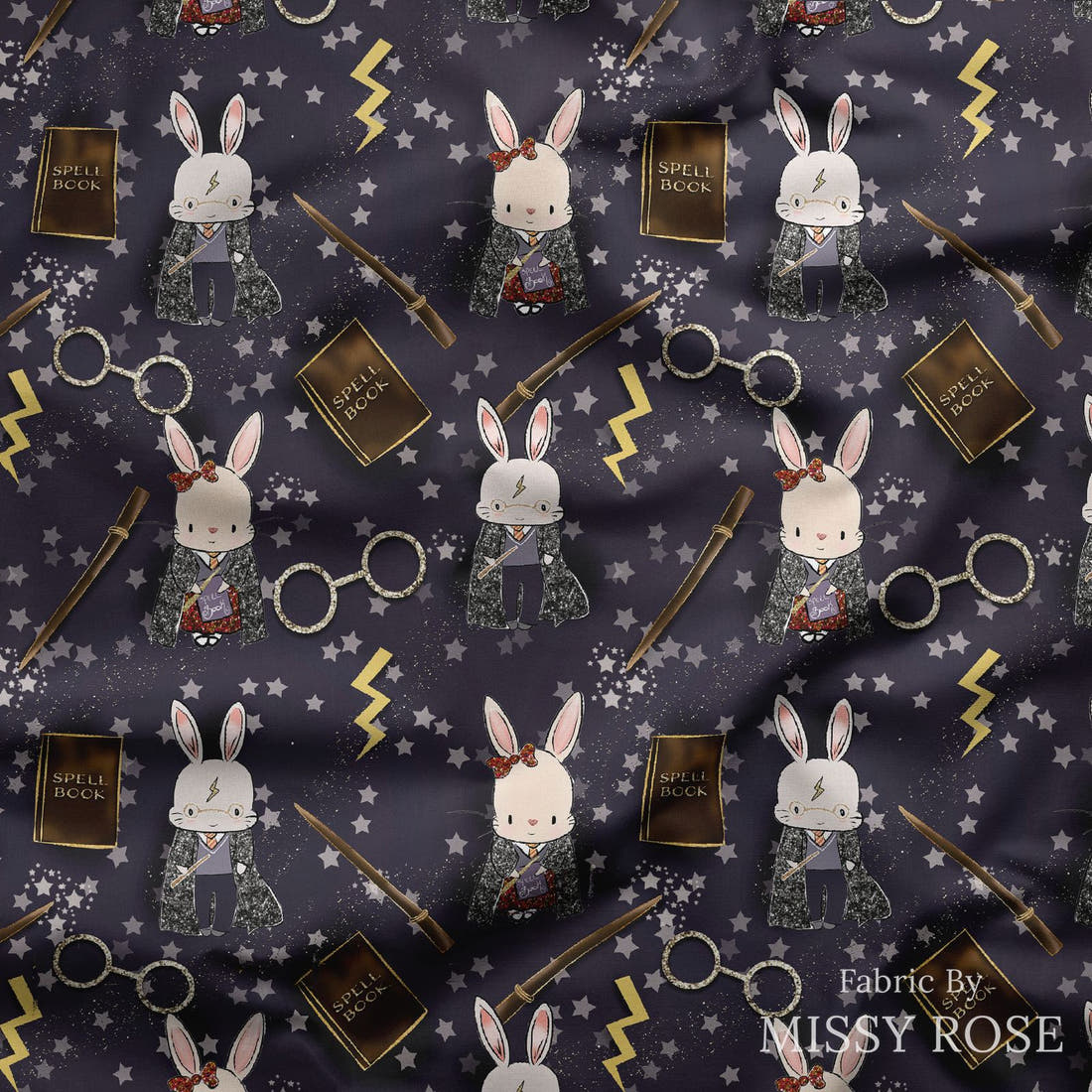 Design 591 Wizard Bunny Fabric draped fabric mockup – custom printed fabric by the metre | Fabric by Missy Rose