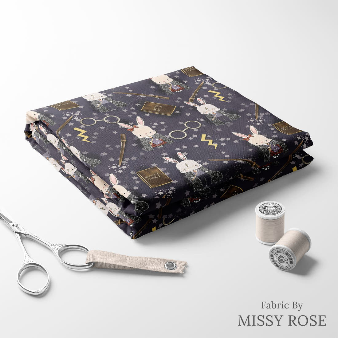 Design 591 Wizard Bunny Fabric folded fabric stack with matching thread – pre-order fabric Australia | Fabric by Missy Rose