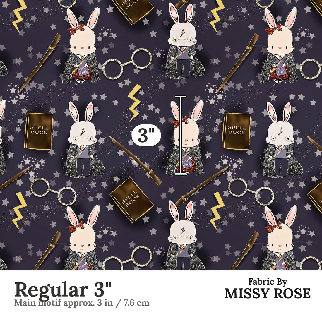 Design 591 Wizard Bunny Fabric Regular 3" - print scale | Fabric by Missy Rose