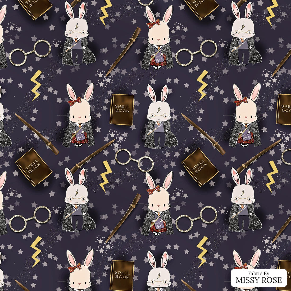 Design 591 Wizard Bunny Fabric - flat view of the print, zoom in for detail | Fabric by Missy Rose