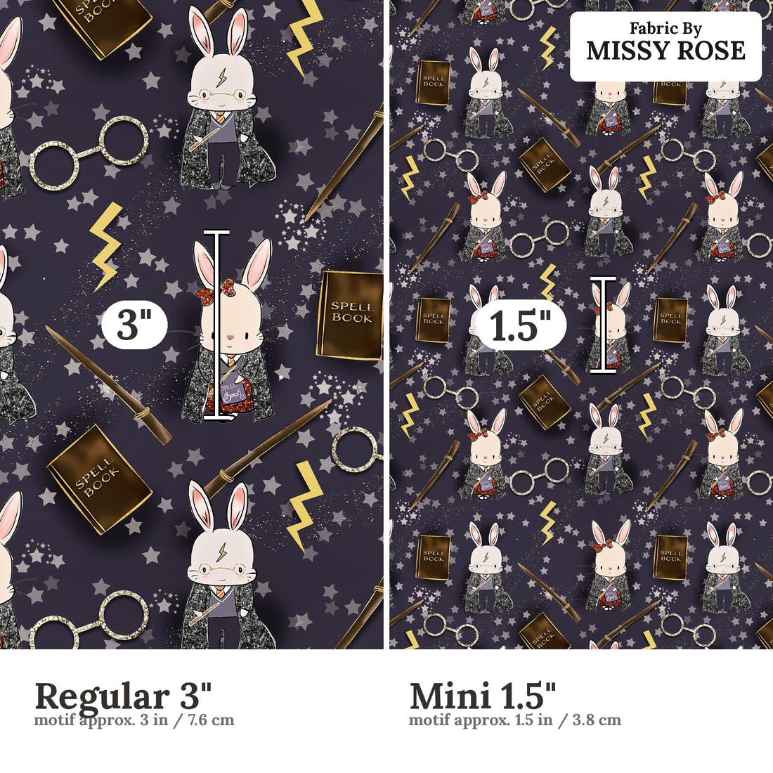 Design 591 Wizard Bunny Fabric size comparison - print scale | Fabric by Missy Rose