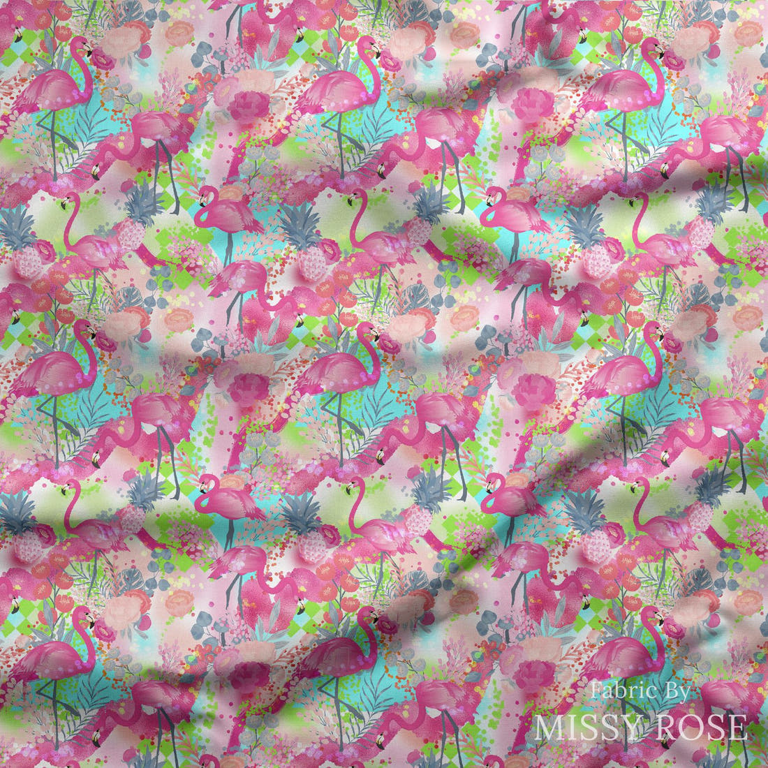 Design 592 Flamingo Fabric draped fabric mockup – custom printed fabric by the metre | Fabric by Missy Rose