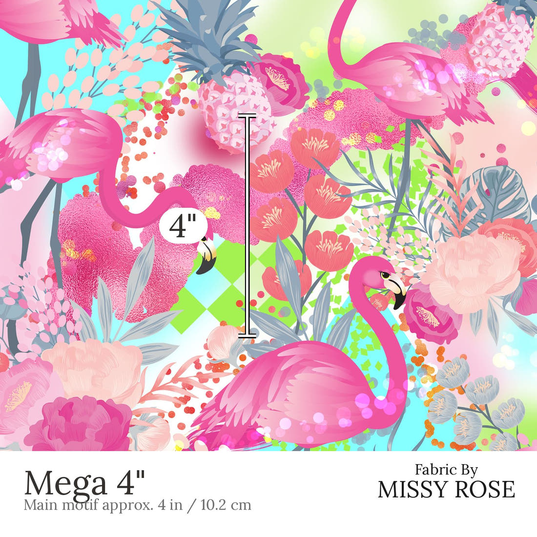 Design 592 Flamingo Fabric Mega 4 inch print scale guide | Fabric by Missy Rose