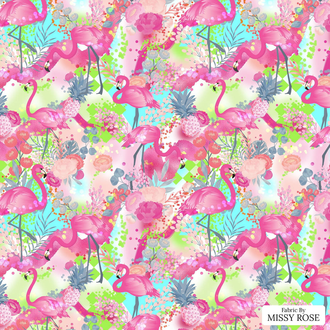 Design 592 Flamingo Fabric - flat view of the print, zoom in for detail | Fabric by Missy Rose