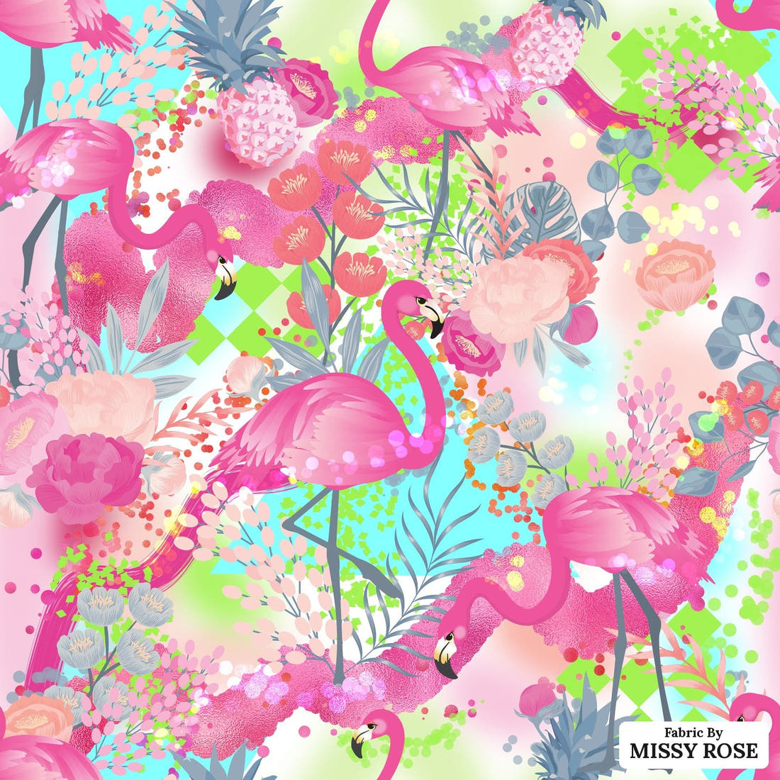 Design 592 Flamingo Fabric - flat view of the print, zoom in for detail | Fabric by Missy Rose