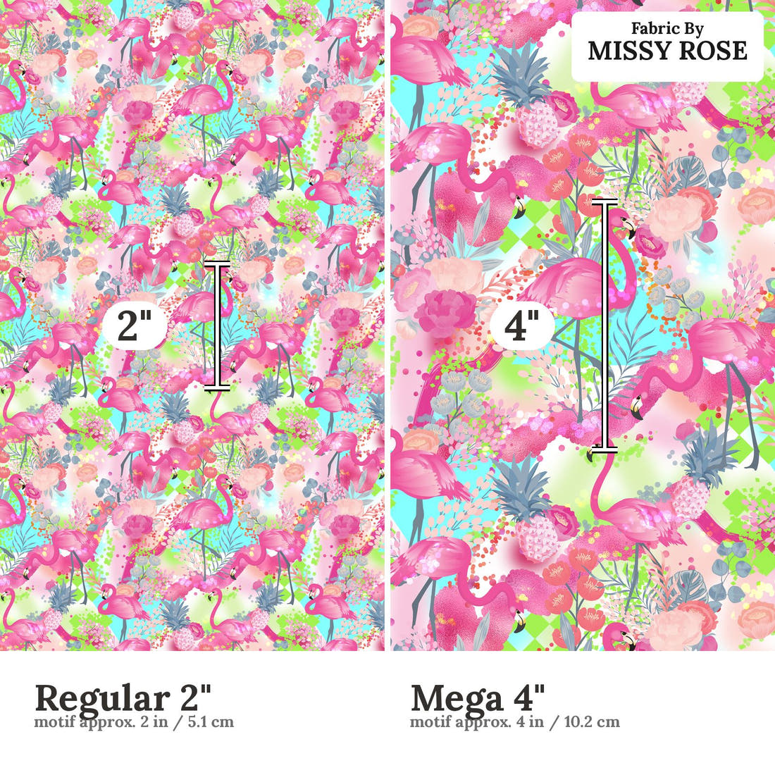 Design 592 Flamingo Fabric size comparison - print scale | Fabric by Missy Rose