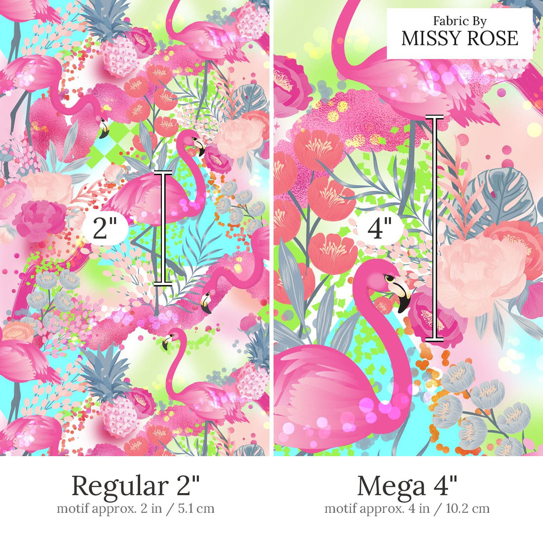 Design 592 Flamingo Fabric Regular 2 inch vs Mega 4 inch print scale side by side | Fabric by Missy Rose