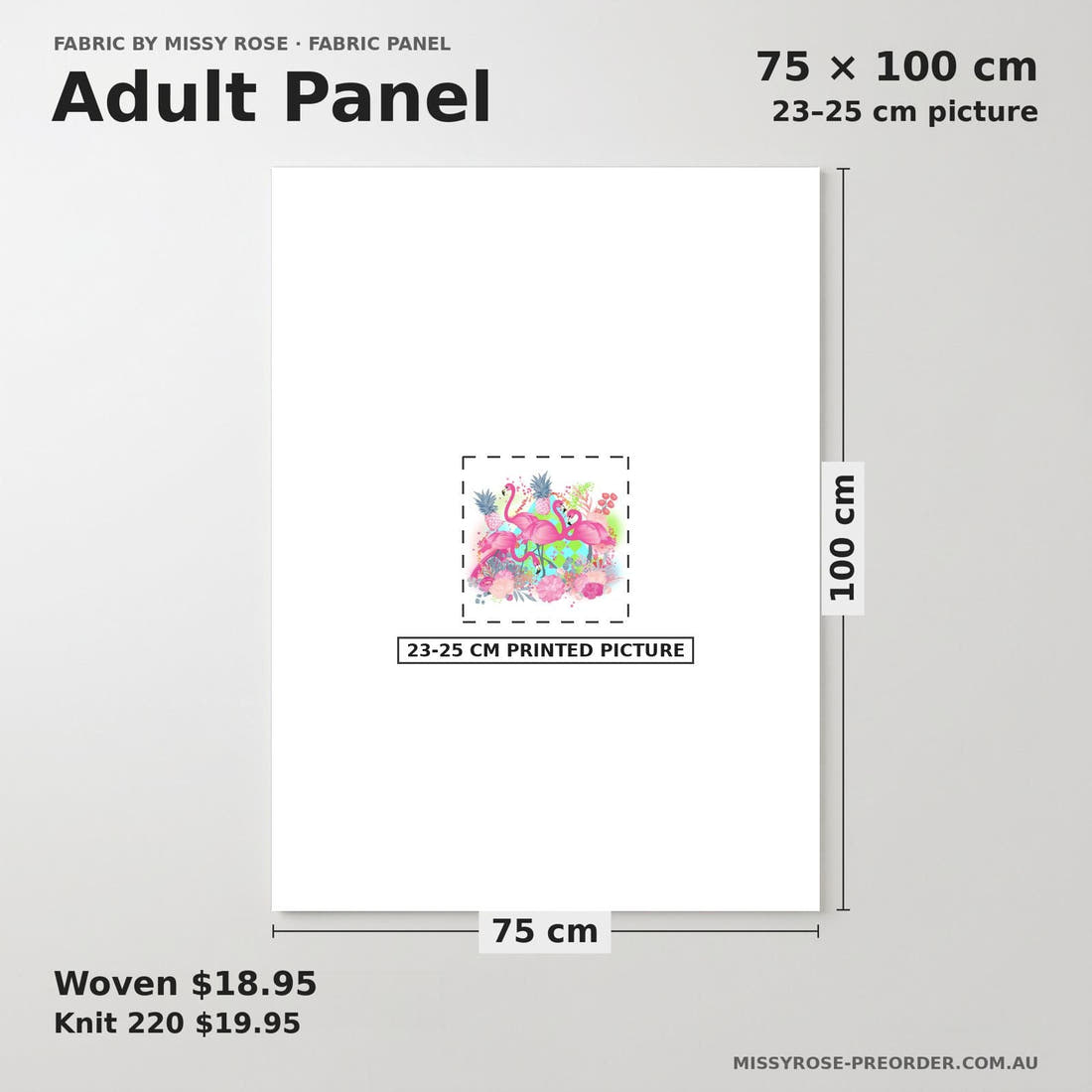 Design 592 Flamingo Panel adult panel sizing – 23–25 cm printed picture on 75 × 100 cm fabric | Fabric by Missy Rose