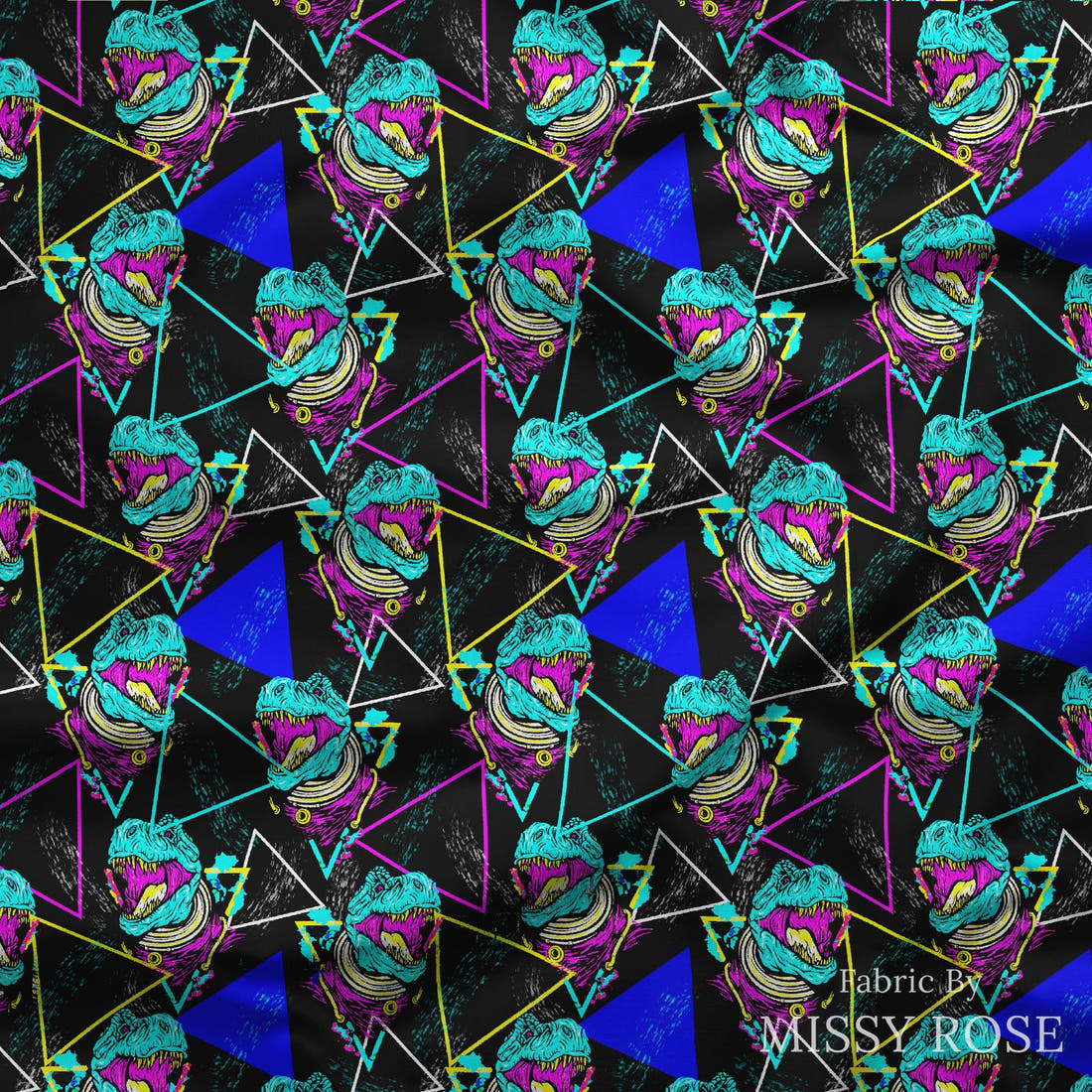 Design 593 Geometric Dinosaur Fabric draped fabric mockup – custom printed fabric by the metre | Fabric by Missy Rose