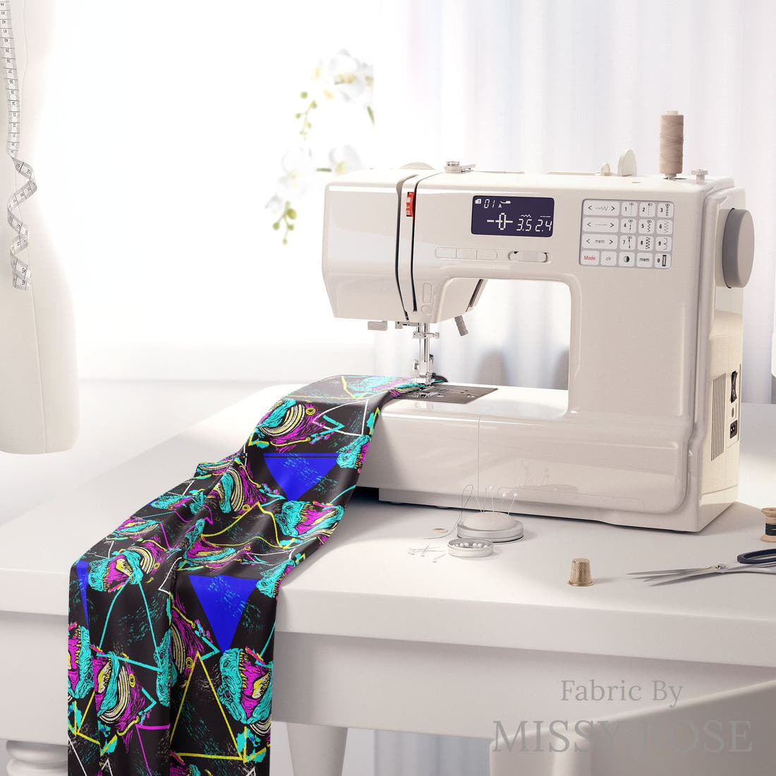 Design 593 Geometric Dinosaur Fabric on a sewing machine – premium fabric for sewing projects | Fabric by Missy Rose