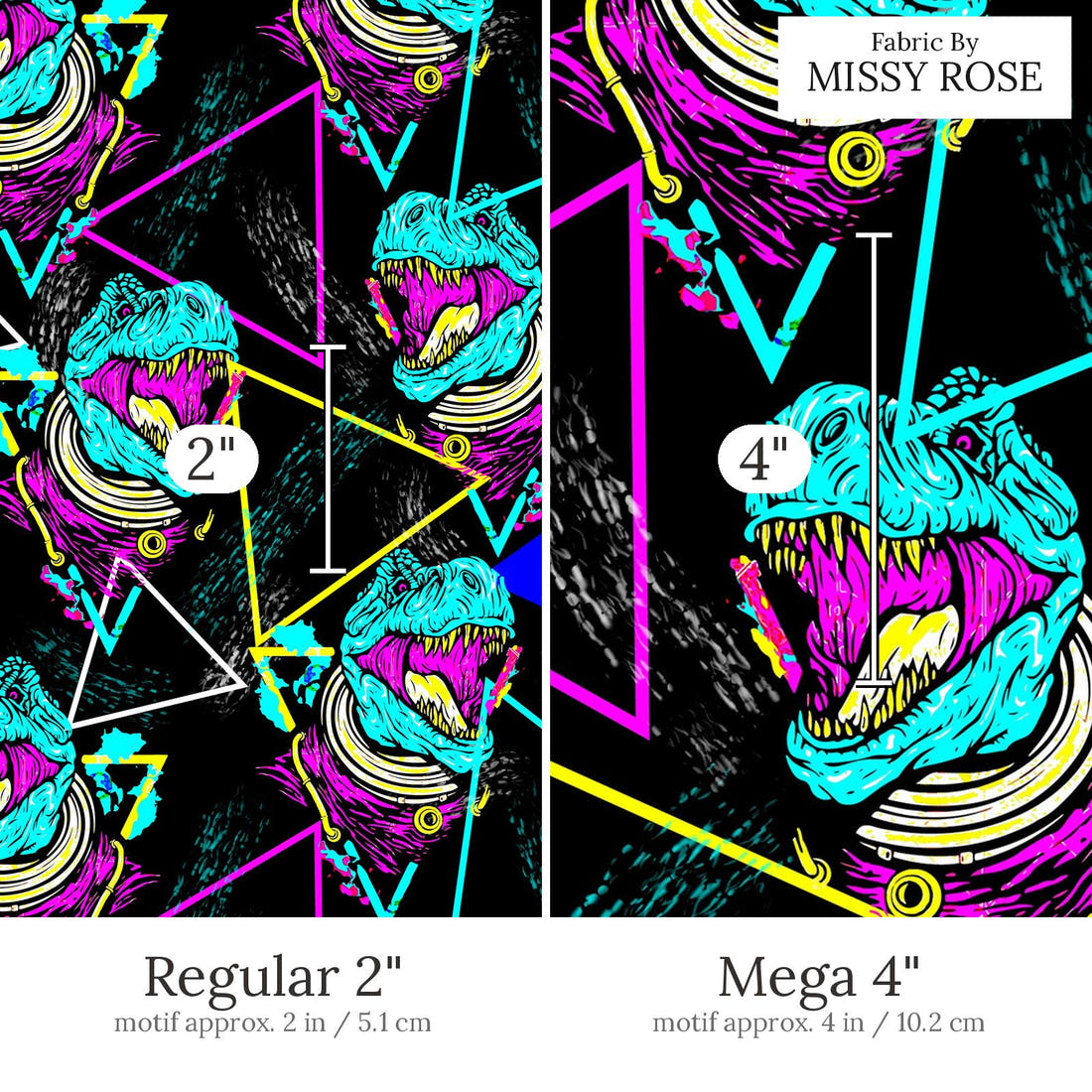 Design 593 Geometric Dinosaur Fabric Regular 2 inch vs Mega 4 inch print scale side by side | Fabric by Missy Rose