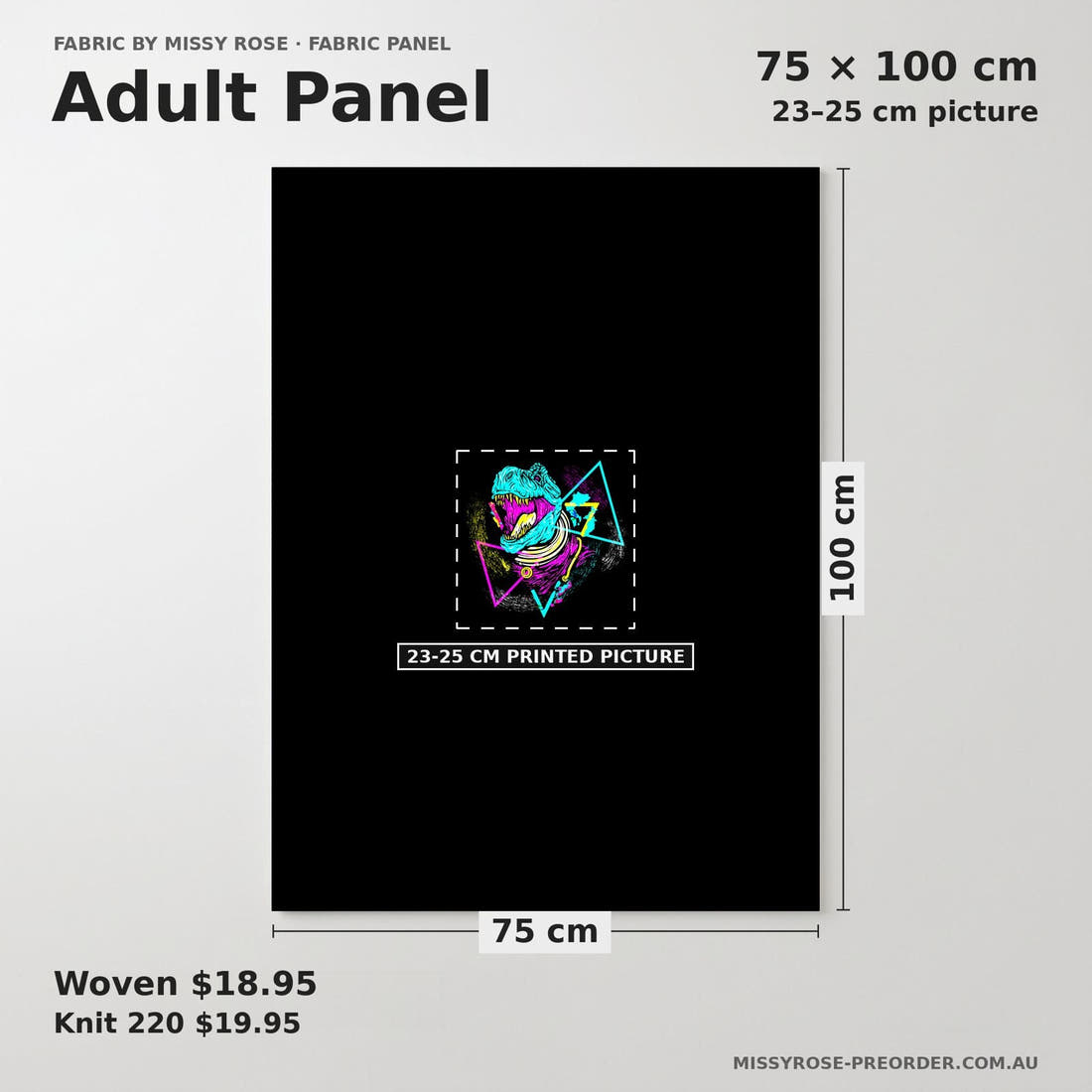 Design 593 Geometric Dinosaur Panel adult panel sizing – 23–25 cm printed picture on 75 × 100 cm fabric | Fabric by Missy Rose