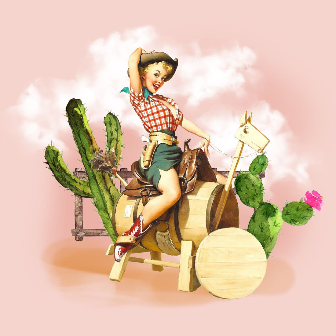 Design 594 Pinup Cowgirl Panel – full artwork close-up of the printed picture | Fabric by Missy Rose