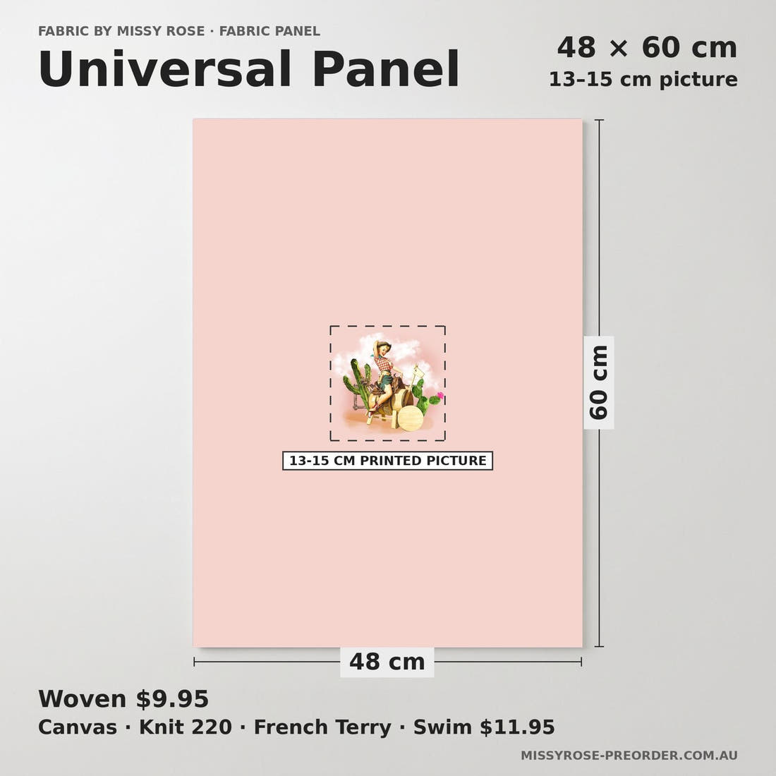 Design 594 Pinup Cowgirl Panel universal panel sizing – 13–15 cm printed picture on 48 × 60 cm fabric | Fabric by Missy Rose