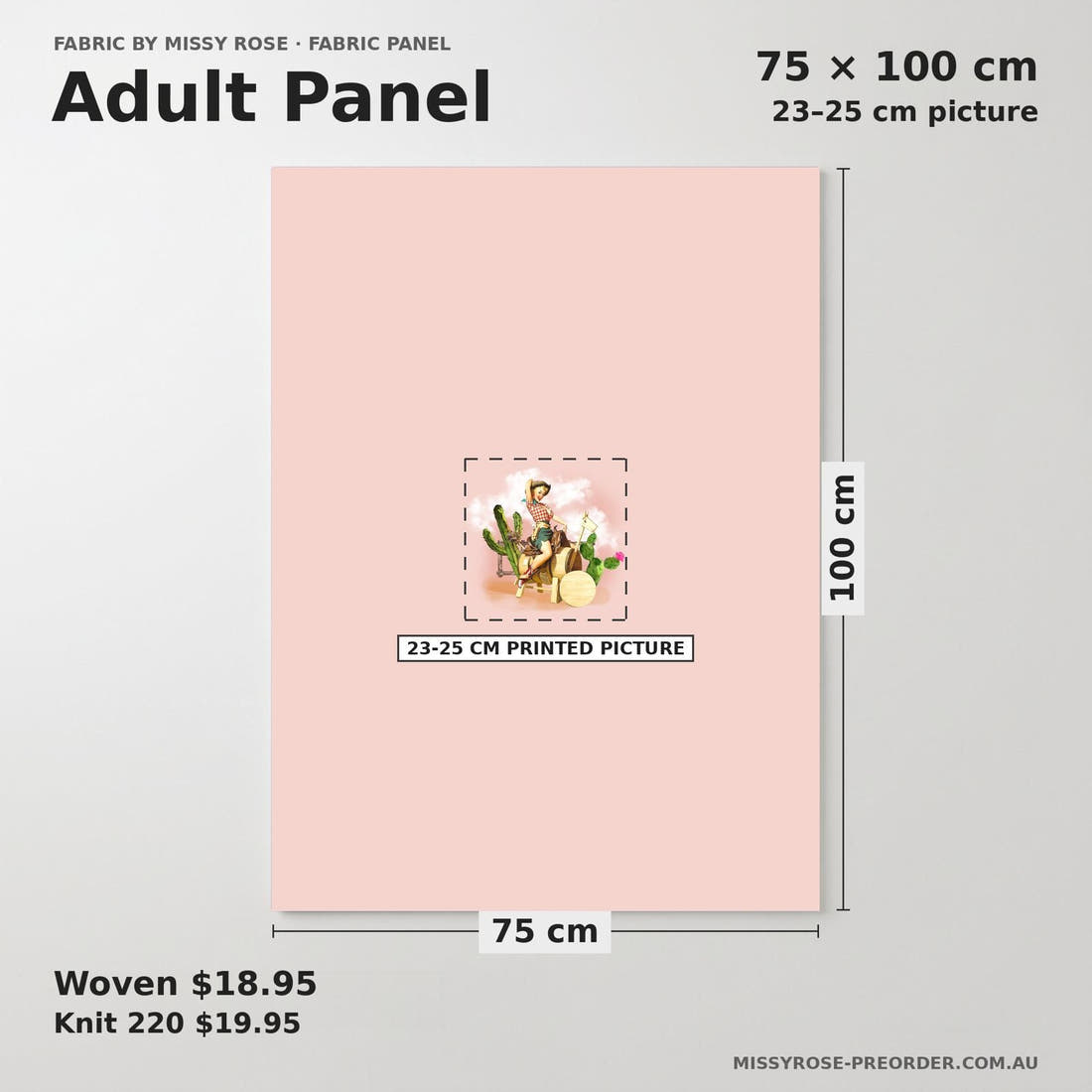 Design 594 Pinup Cowgirl Panel adult panel sizing – 23–25 cm printed picture on 75 × 100 cm fabric | Fabric by Missy Rose