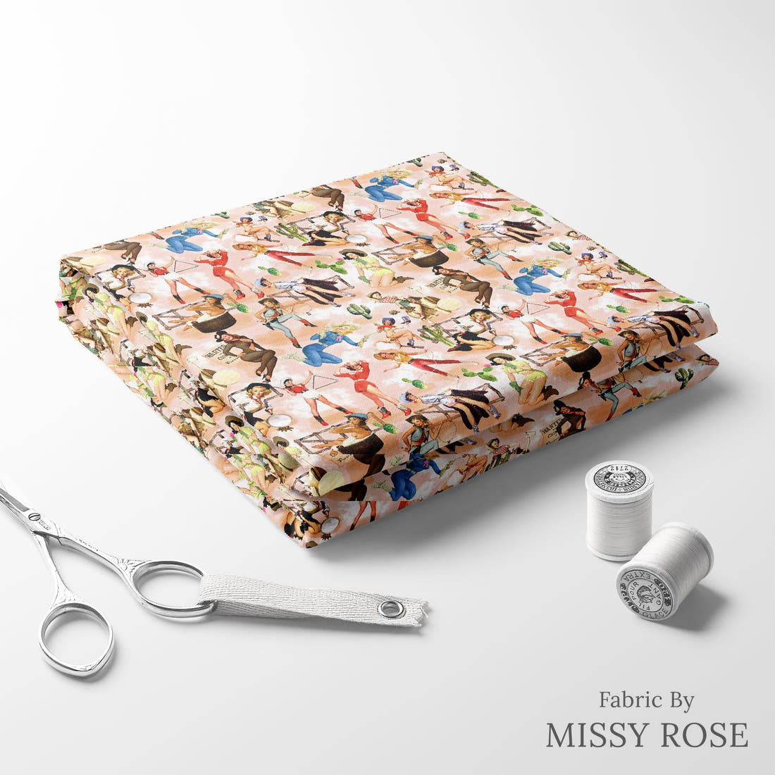 Design 594 Pinup Cowgirl Fabric folded fabric stack with matching thread – pre-order fabric Australia | Fabric by Missy Rose