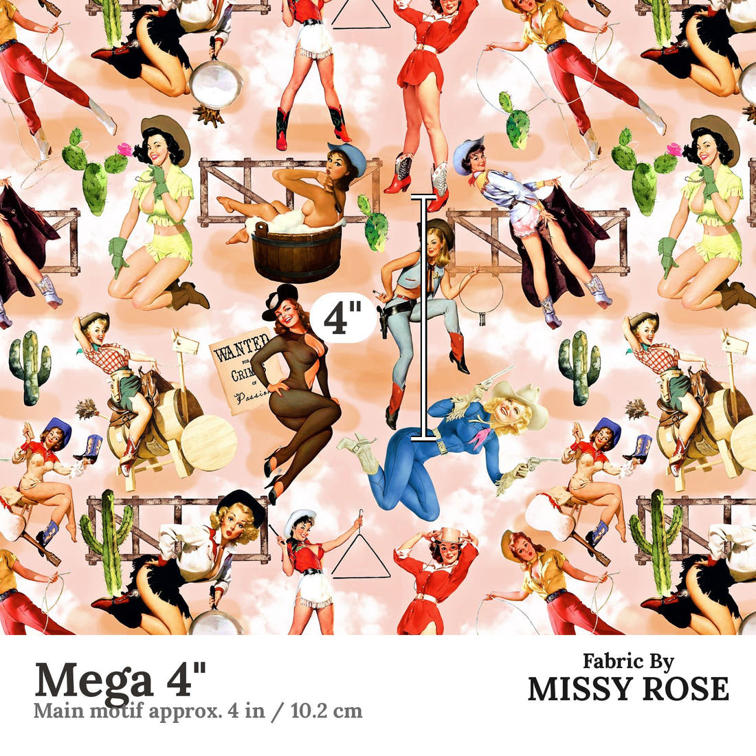Design 594 Pinup Cowgirl Fabric Mega 4" - print scale | Fabric by Missy Rose