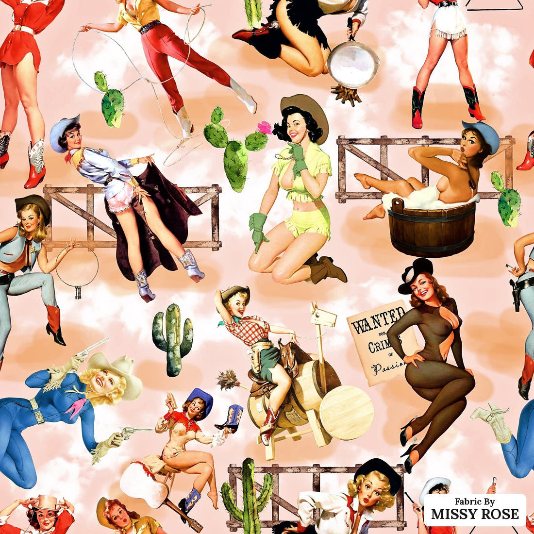 Design 594 Pinup Cowgirl Fabric - flat view of the print, zoom in for detail | Fabric by Missy Rose